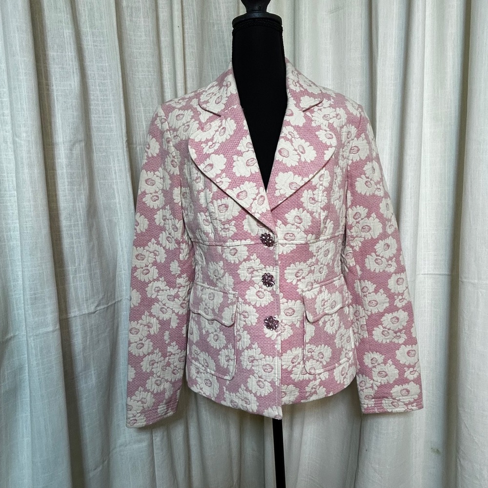 Womens ICE Pink Floral Gem Button Blazer Jacquard Jacket 4 Coquette Girly Preppy - Picture 2 of 7
